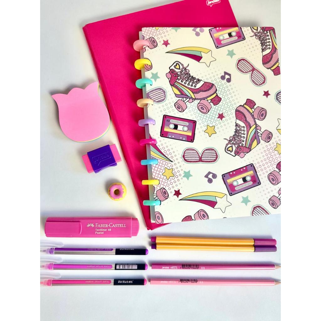 Kit Escolar Papelaria Fofa Combo Caderno de Disco Patins e Caderno Brochura