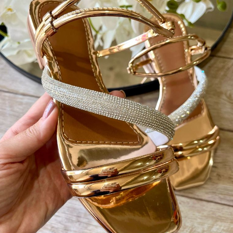 Sandália Feminina Rasteirinha Strass Rasteira Plana Com Brilho Confortável Lançamento