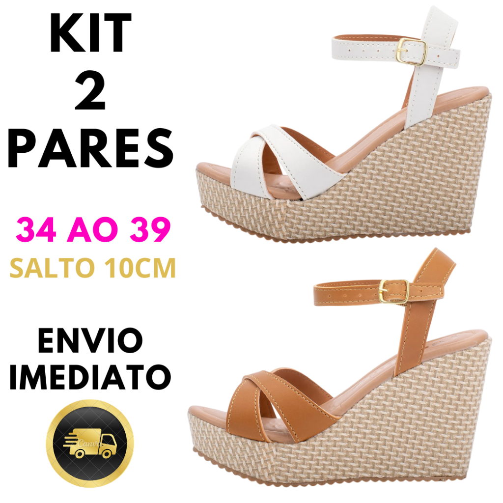 Kit 2 Pares Sandália Anabela Plataforma Feminina Sapato com Fivela Ajustável e Design Sofisticado