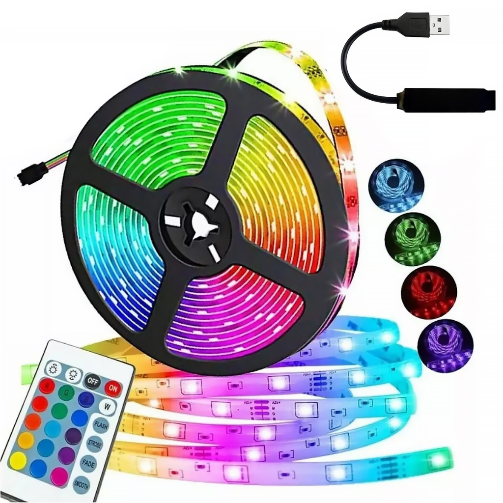 Fita LED Iluminação 5050 RGB 3 ou 5 Metros 20W 25W USB com Controle Remoto - Home & Living