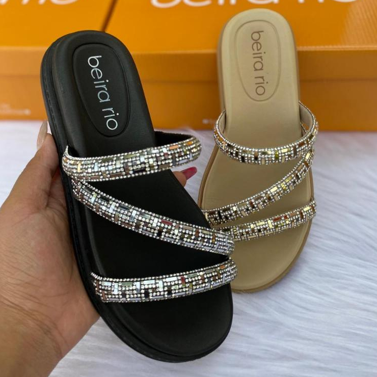 Papete Feminina Beira Rio 3 tiras Pedra Espelhada Strass Rasteirinha Feminina Confortável Sandália