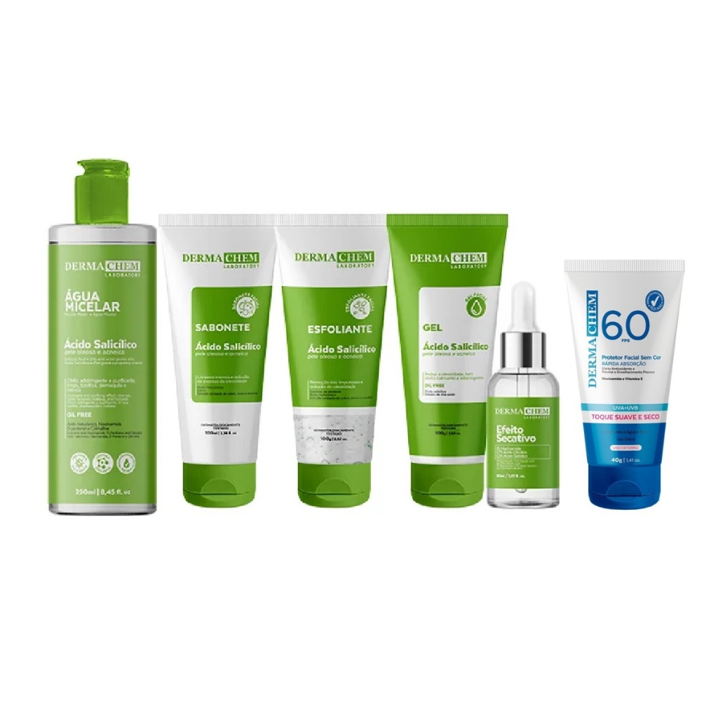 Kits Skincare Limpeza de Peles Oleosas Salicilico Anti Acne Esfoliante Protetor Solar Dermachem