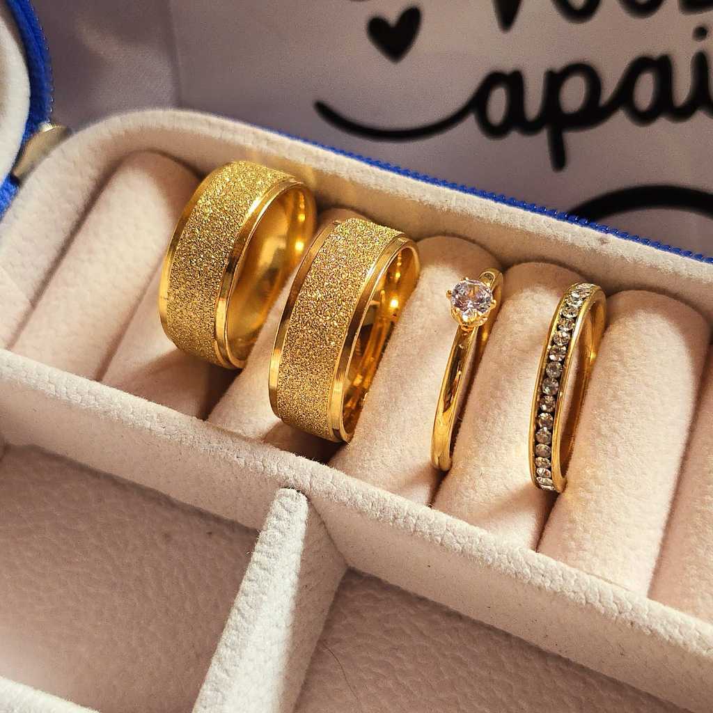 Kit aliança de casamento jateada Milano 8mm banhado moeda antiga + gravação + aparador + anel (COD-120)