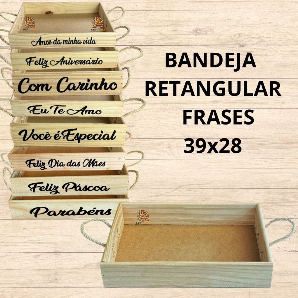 Bandeja Retangular Madeira Alça Cafe da manha frases tam G 39x28 em Oferta na Shopee