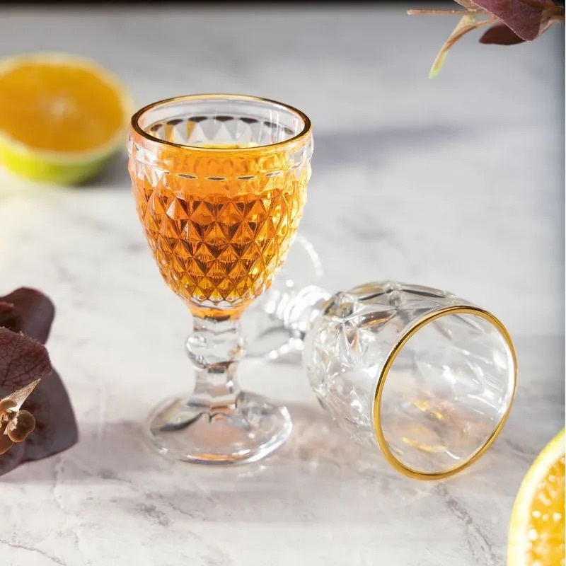 Jogo 6 Taças de Licor de Vidro com Fio de Ouro Bico de Abacaxi 50ml - Lyor 2971