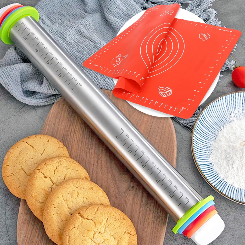 Kit Tapete Culinário de Silicone + Rolo De Massa Inox Ajustável C/ Medidas Confeitaria Cozinha