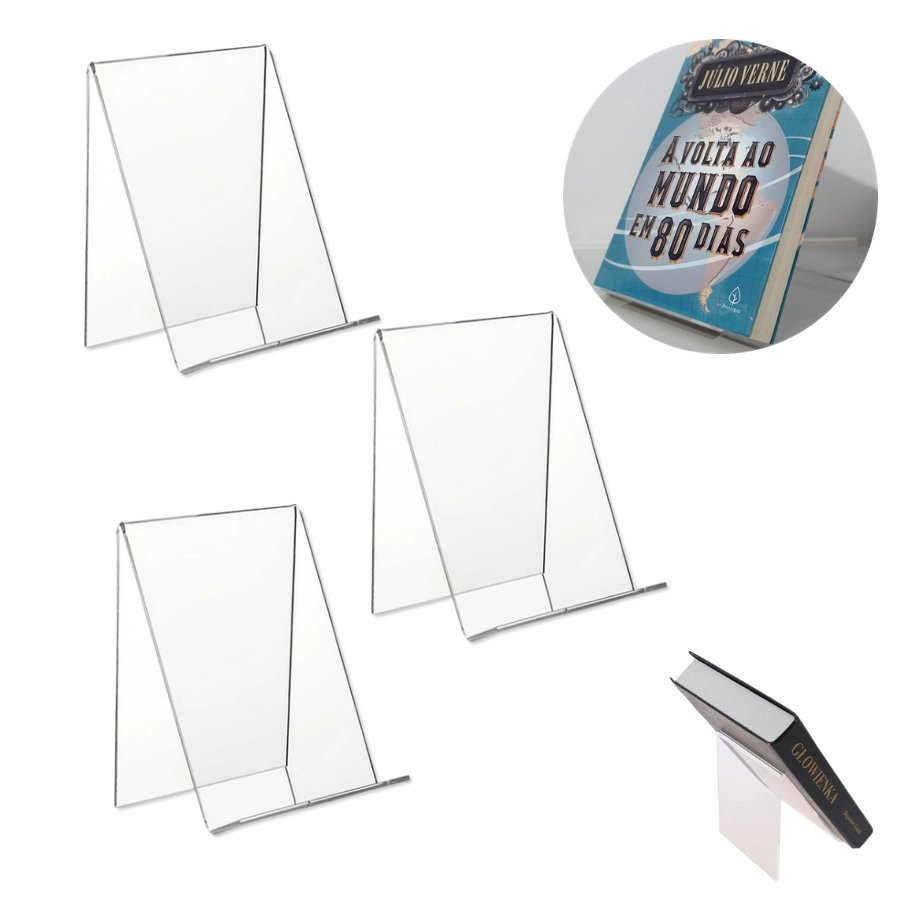 Kit 3 Suporte Expositor em Acrílico para Livros Tablets Display Transparente Vitrine Livraria