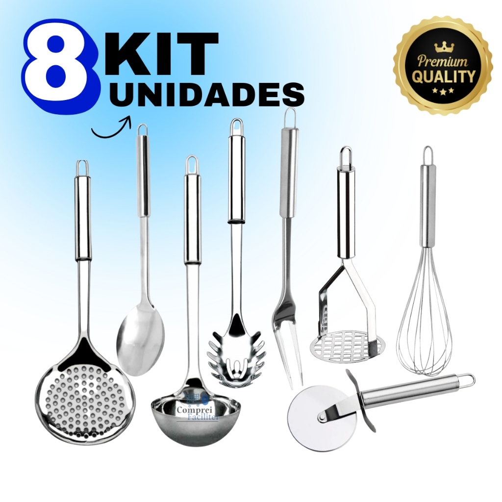 Kit De Utensílios De Cozinha 100% Inox Talheres Escumadeira