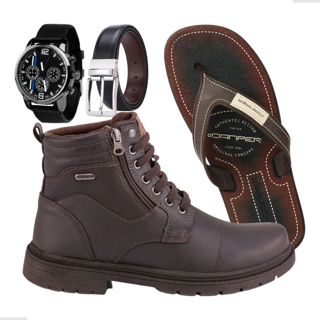 Kit Coturno Masculino Casual Bota + Chinelo Cinto E Relogio
