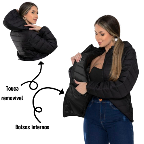 Jaqueta Feminina Bobojaco Puffer Preta de Zíper Capuz Removível Bolsos Internos