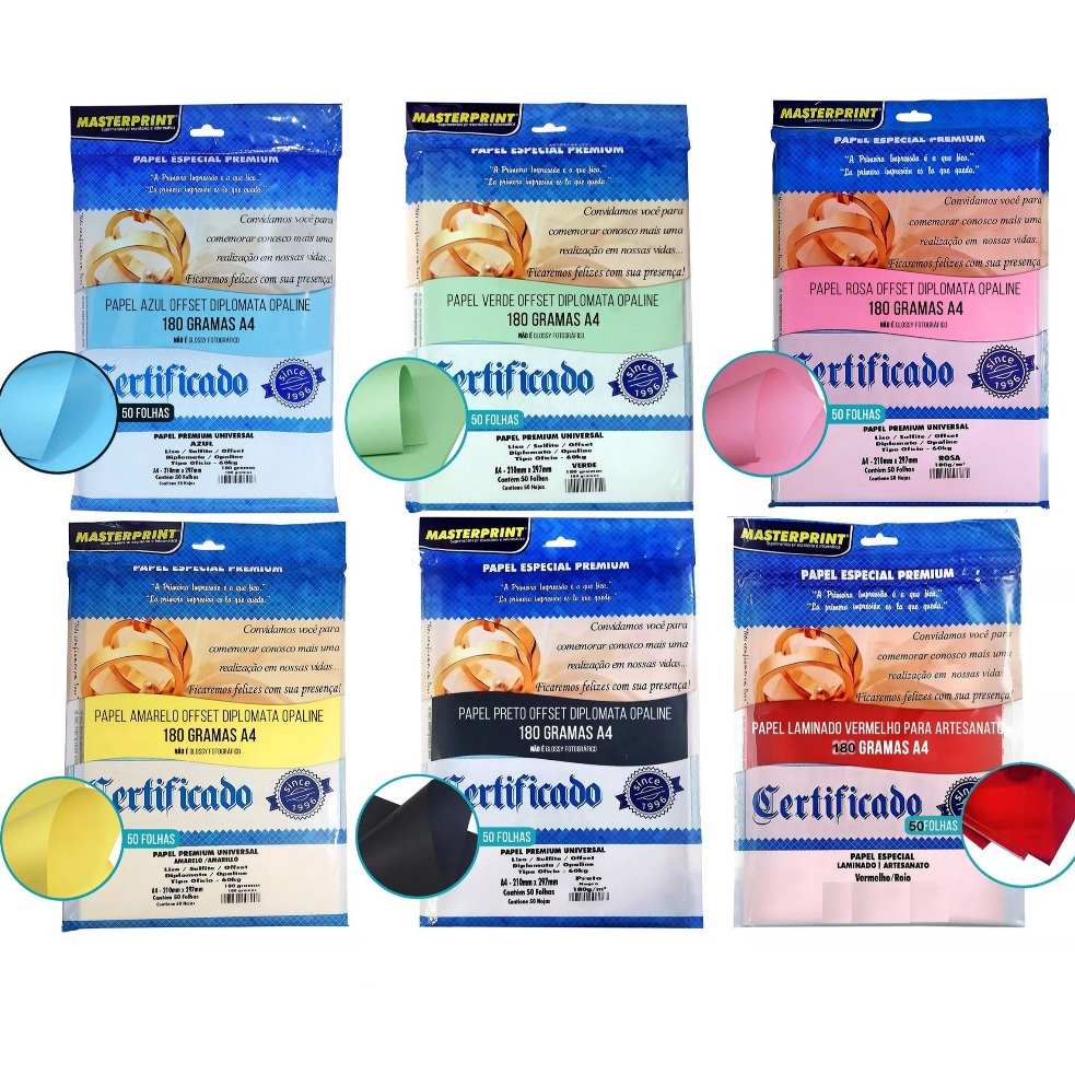 Papel Offset Diplomata Color Plus Certificado 180g Masterprint Pacote 50 folhas