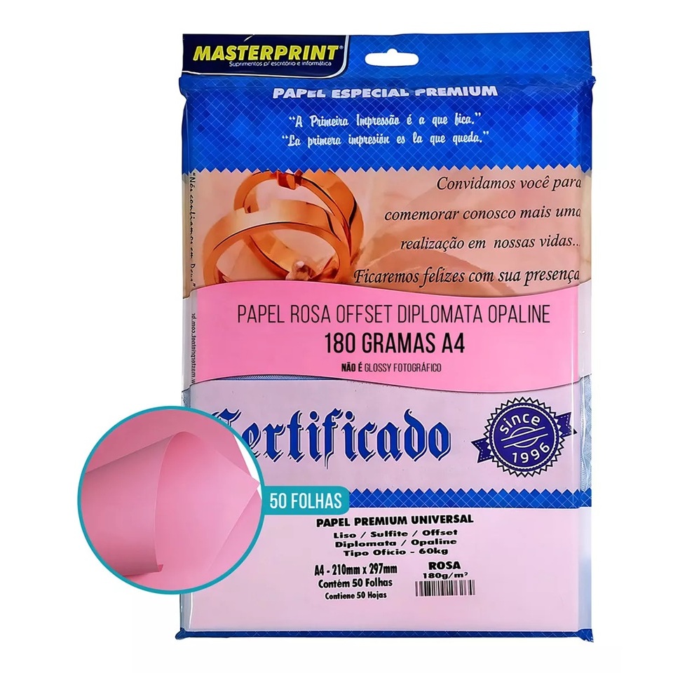 Papel Offset Color Plus Diplomata Rosa 180g A4 Masterprint Pacote 50 Folhas em Oferta na Shopee