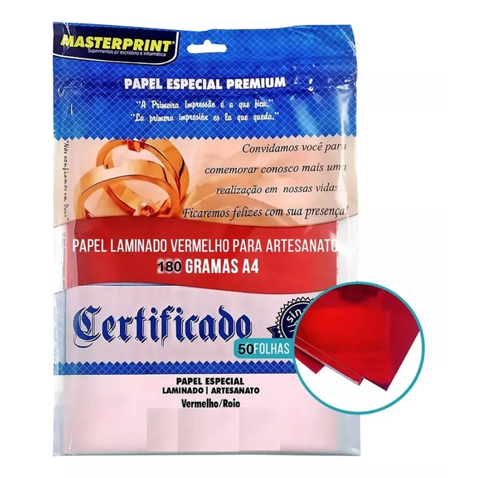 Papel Offset Color Plus Vermelho 180g A4 Masterprint Pacote 50 Folhas