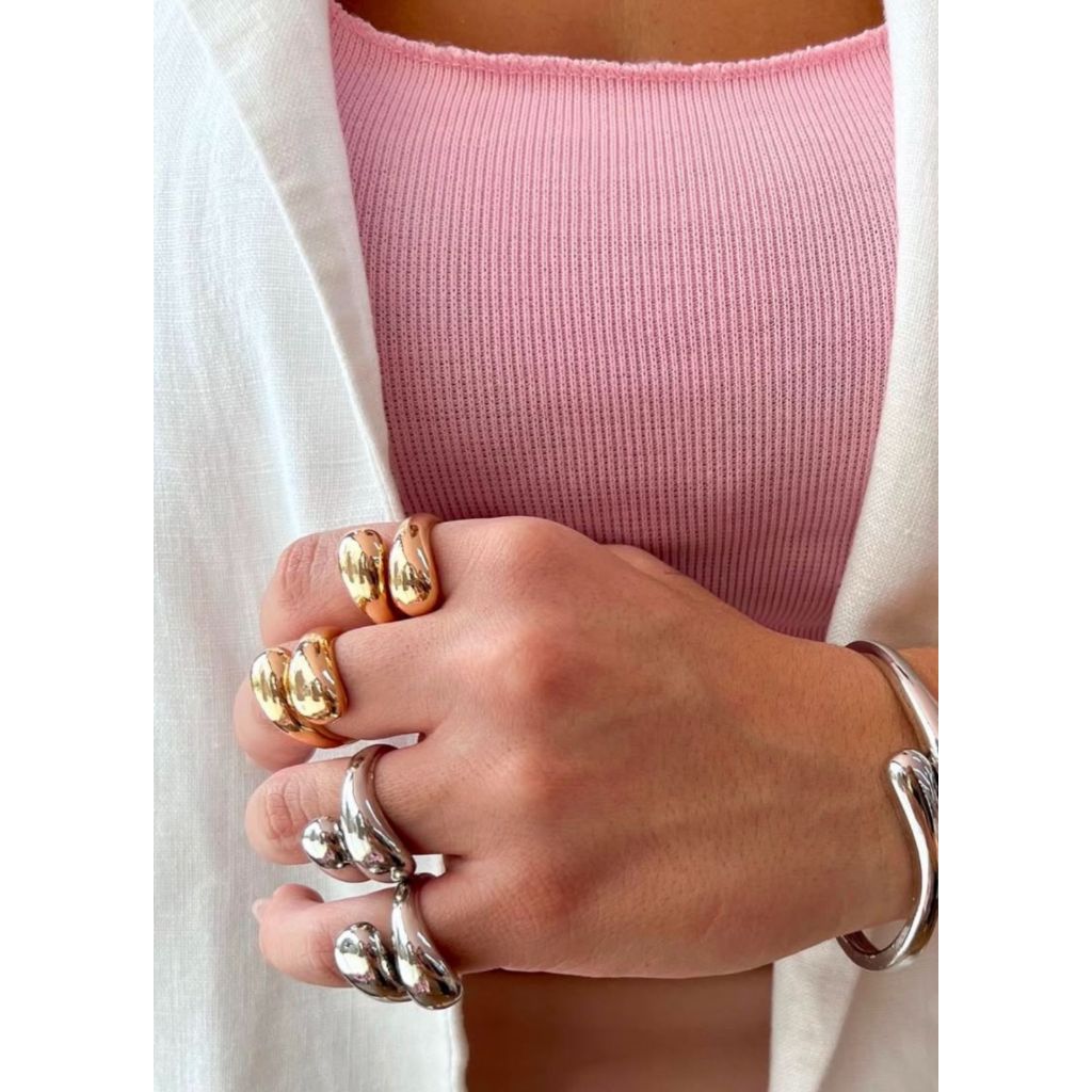 kit 4 Anéis Gota Tendencial Ajustáveis Prata Dourado