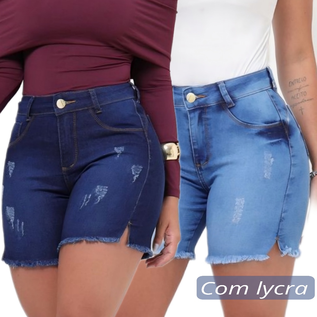 KIT ou 1-Bermuda Jeans Feminina Short Meia coxa Cintura Alta Abertura  Lateral Com Elastano sucessodepromocoes