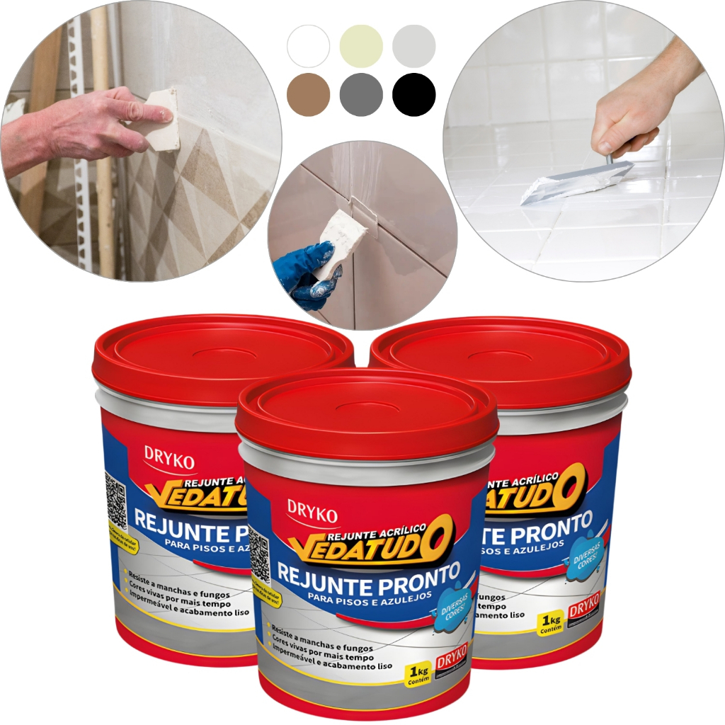 Kit Conjunto 3 Rejunte Acrílico P/ Pisos Porcelanatos Impermeável 1kg Dryko em Oferta na Shopee