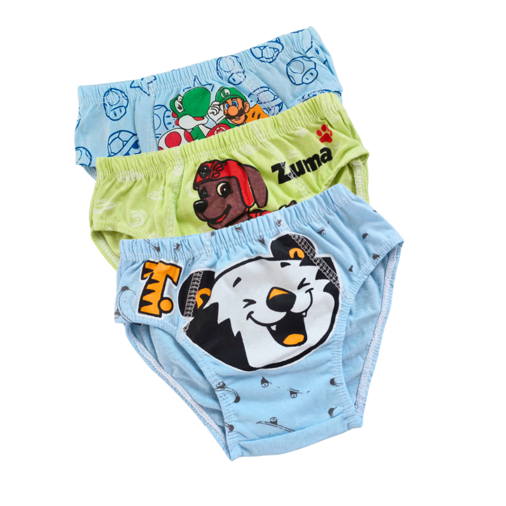 Kit 3 Cuecas Infantil 100% Algodão Estampas Sortidas Divertidas e Super Confortável