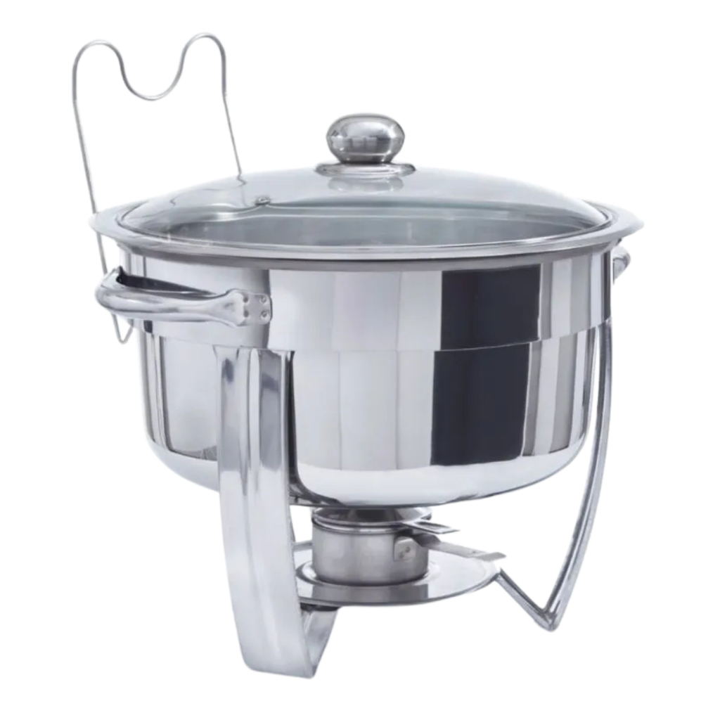 Rechaud Inox Redondo 6 Litros Tampa de Vidro com Suporte Banho Maria e Queimador para Alcool em Gel