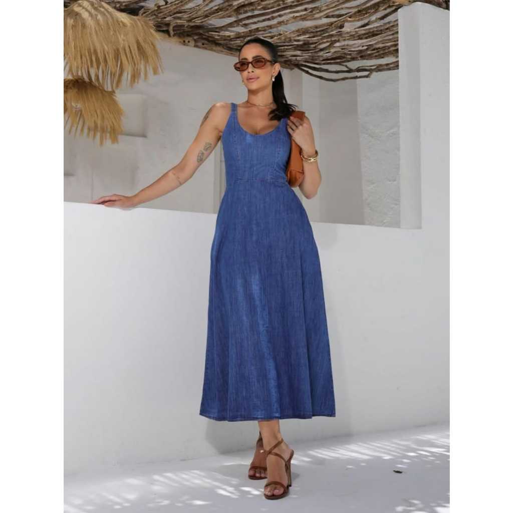 Vestido Jeans Mid De Alça Com Bolsos E Lastex Nas Costas em Oferta na Shopee