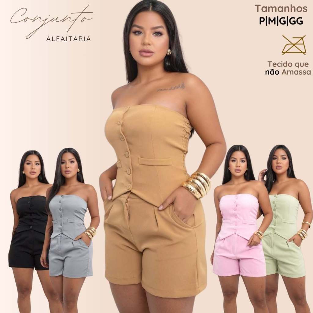 Conjunto Alfaiataria Feminino Social Cintura Alta Bolso Look Elegante Executiva