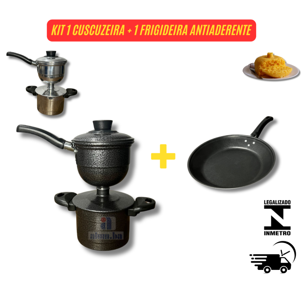 cuscuzeira individual + frigideira antiaderente preta kit cafe cuscuzeiro + frigideira de ovo 16cm