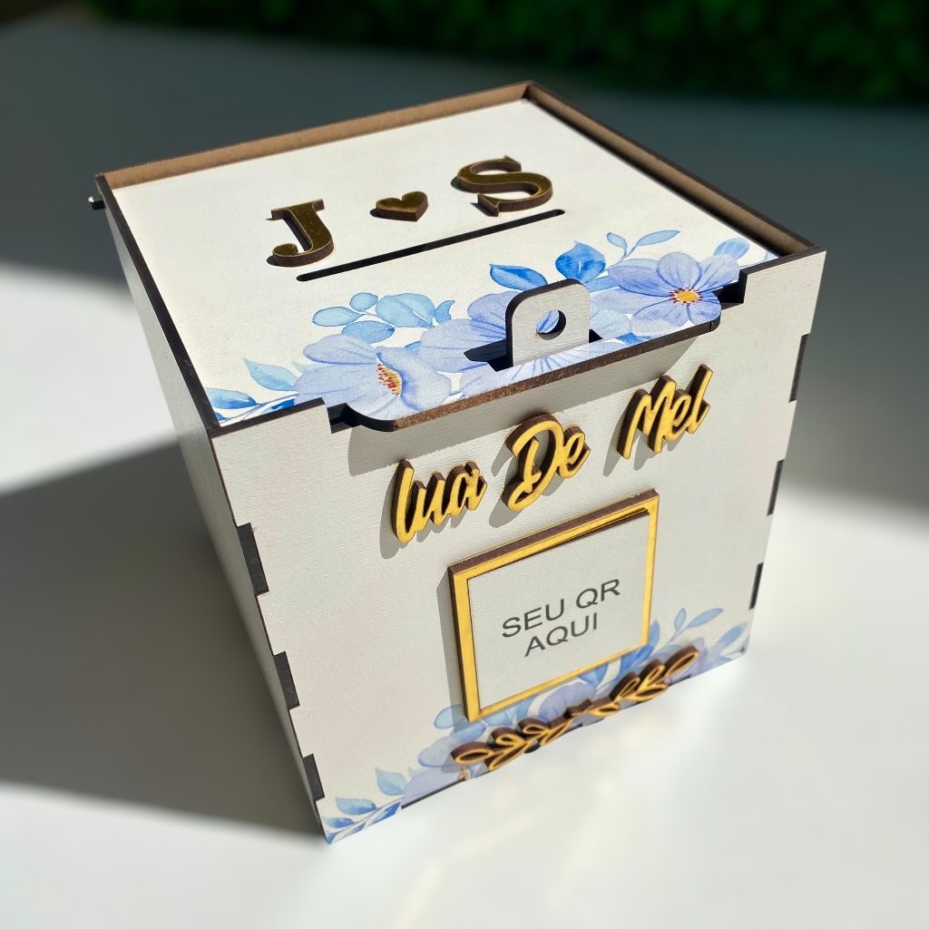 CAIXA PARA CASAMENTO LUA DE MEL  AZUL FLOR AZUL SERENITY PERSONALIZADA COM INICIAIS GRAVATA