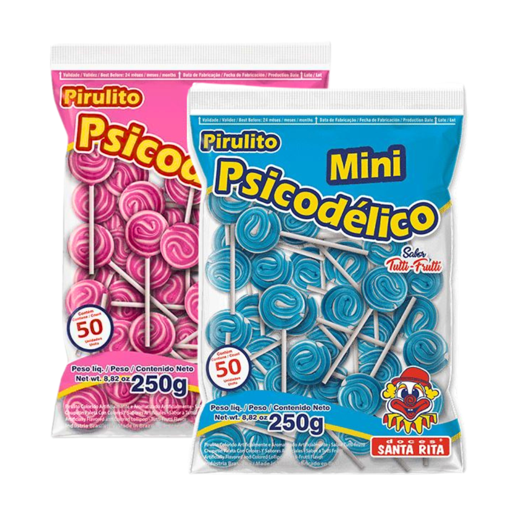 Kit Festa 2 Mini Pirulito Psicodélico Rosa e Azul-Pirulito Chaves Sacolinha Saquinho Surpresa Aniversário Chá Revelação