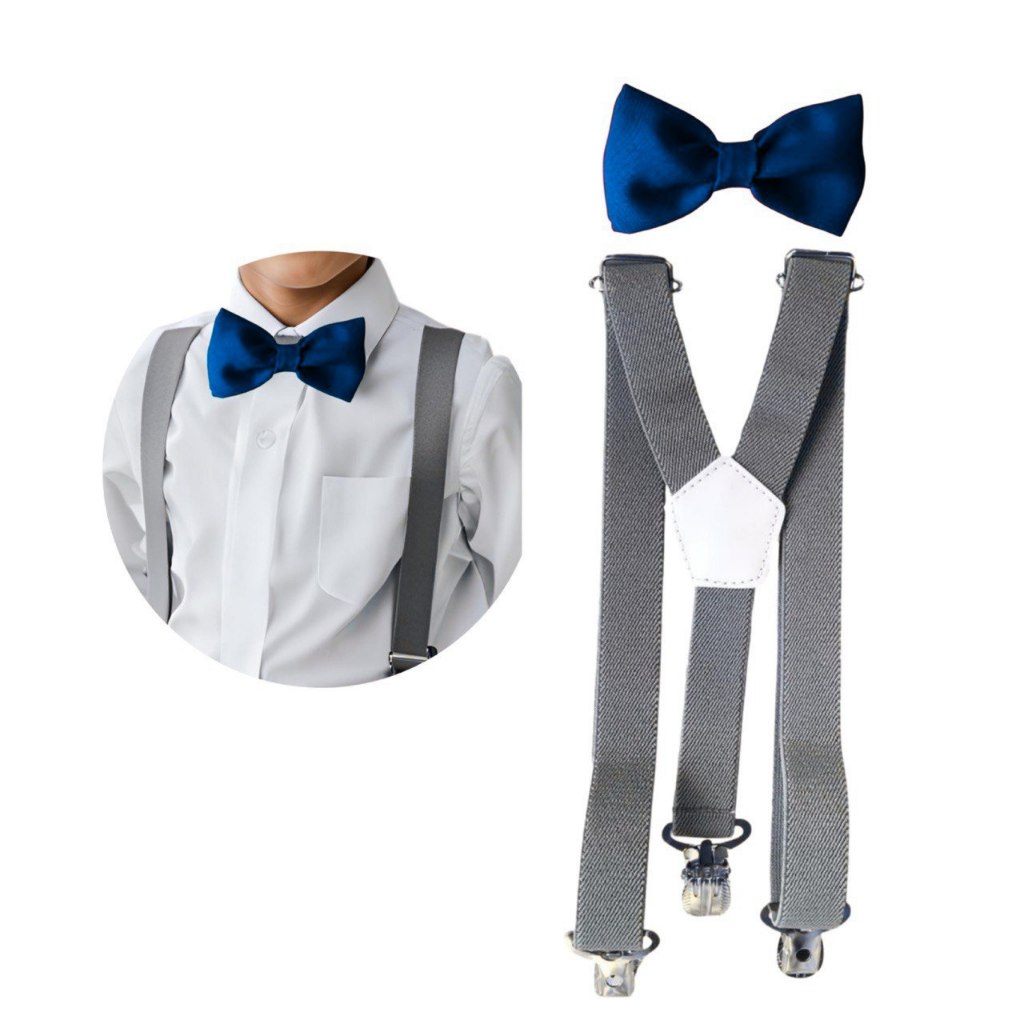 Suspensório Cinza e Gravata Borboleta Infantil Azul Royal Varias Cores Combinações Pajem Batizado Premium