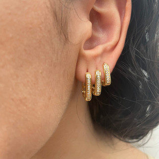 Brinco Trio Retangular BANHADA A OURO 18K com Zircônia Cravejada Kit 3 pares