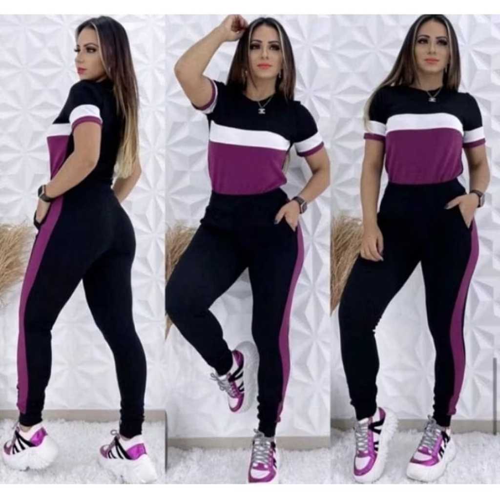 conjunto feminino calça com bolso e blusa manga curta