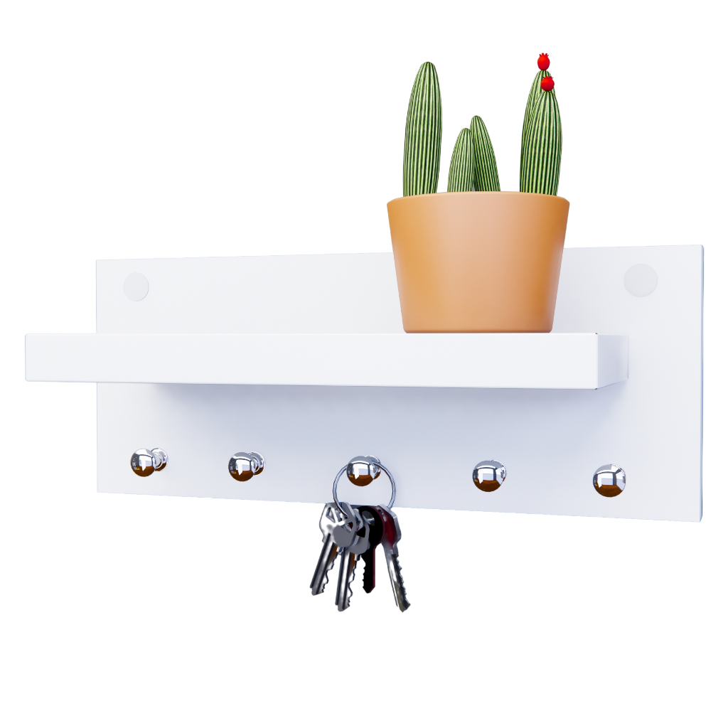 Porta Chave Com Prateleira Gancho Metal 25cm de Largura 5 Ganchos Prata Cromados 100% MDF Chaves Decorar