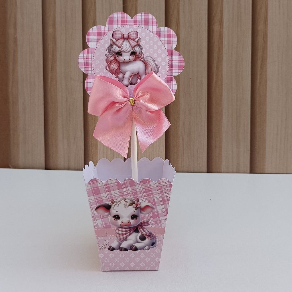 Centro de mesa Fazendinha Rosa/Cachepô personalizado/lembrancinha de festa infantil