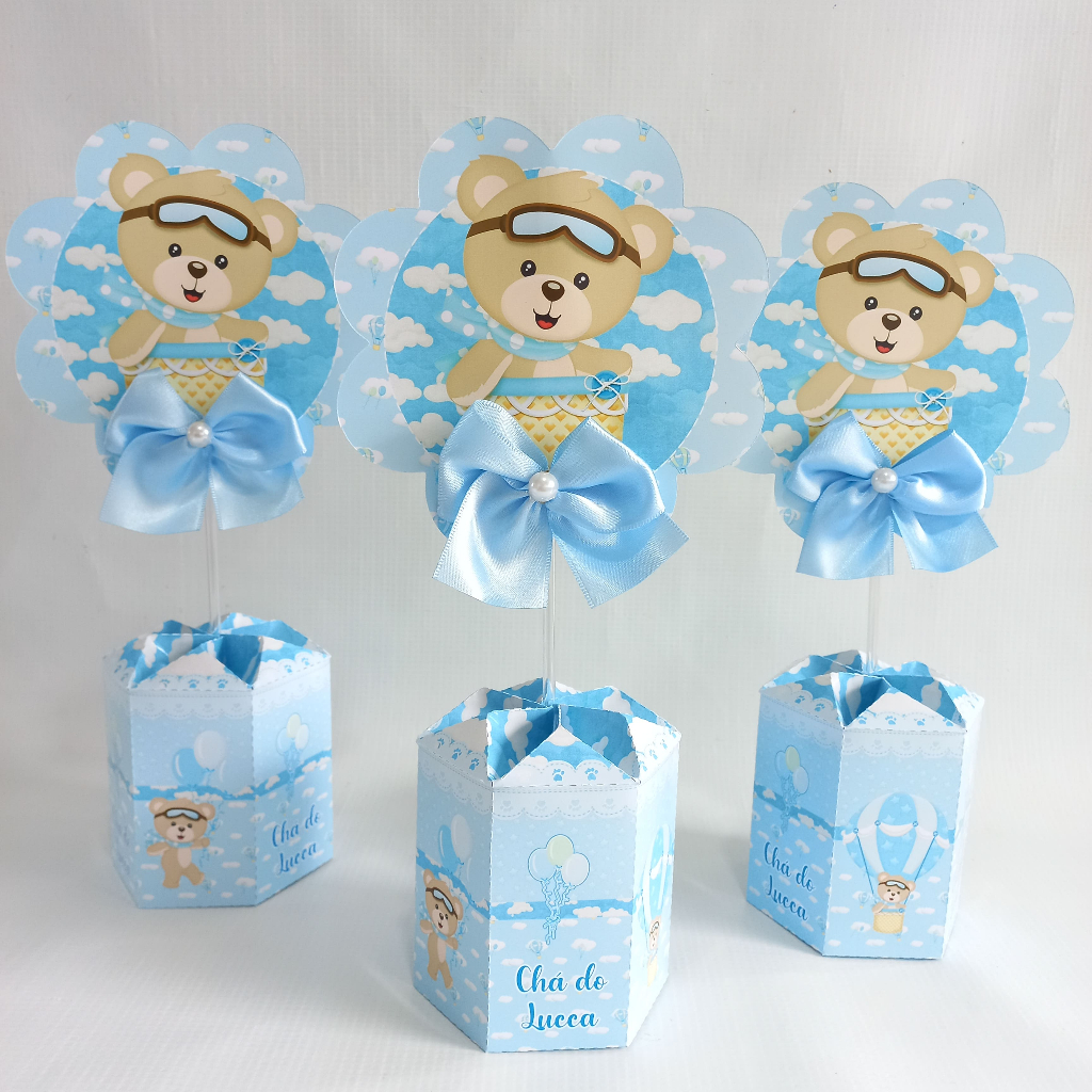 Centro de mesa Ursinho Baloeiro Chá de Bebê Enfeite de Mesa Personalizados PEGUE E MONTE