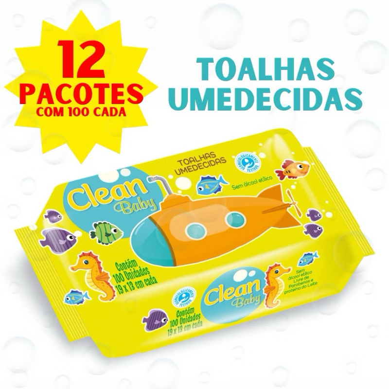 Caixa 12 Pacotes Toalhas Umedecidas Clean Baby com 100 cada