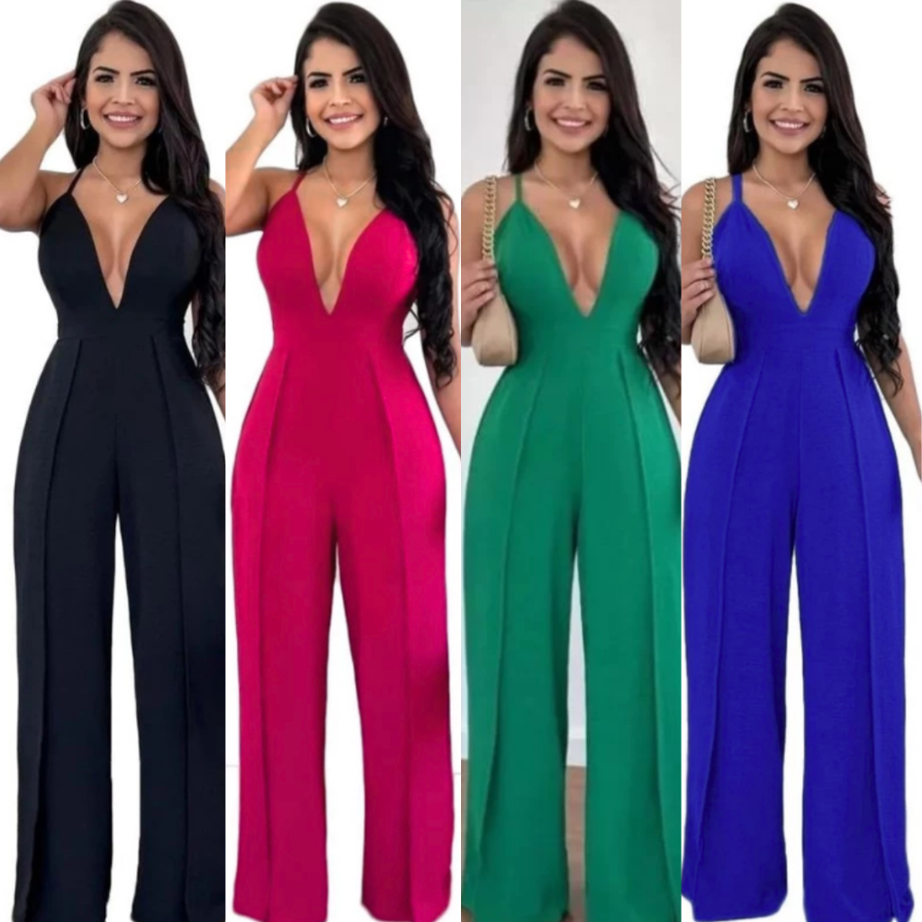 Macacão Pantalona Longo Duna Feminino Social Decotado Alcinha 2 Fendas Longo Moda Verão