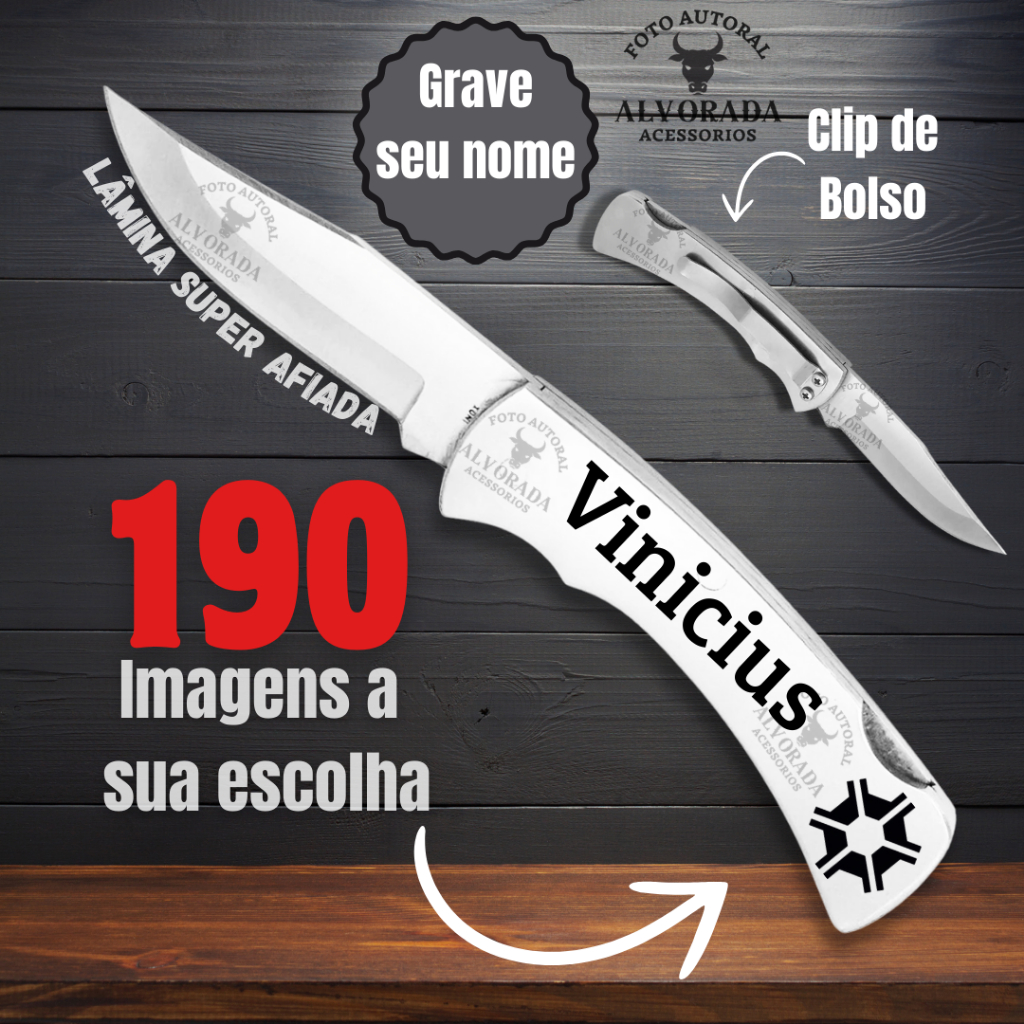 Canivete inox com Clip de Bolso Com Personalização do Nome ou Logo de Empresa