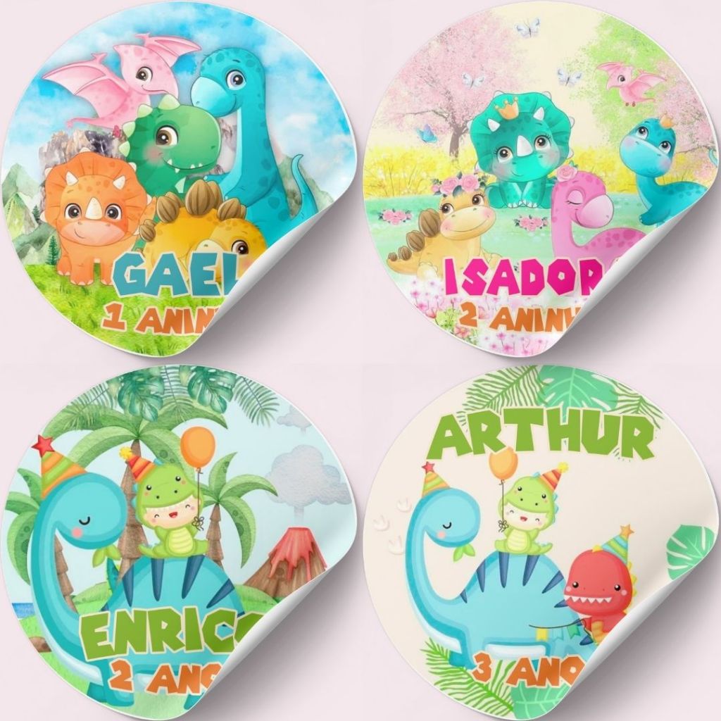 50 Adesivos Personalizados Dino Baby Dinossauro Redondo p Lembrancinhas Festa Infantil | 4x4 ou 5x5