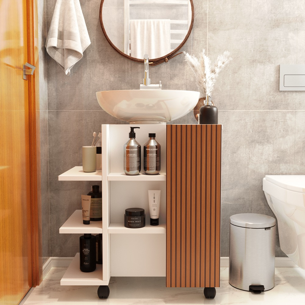 Gabinete De Banheiro Classic C/rodizio Para Pia Com Coluna Moderno Off White Ripado Cantin...