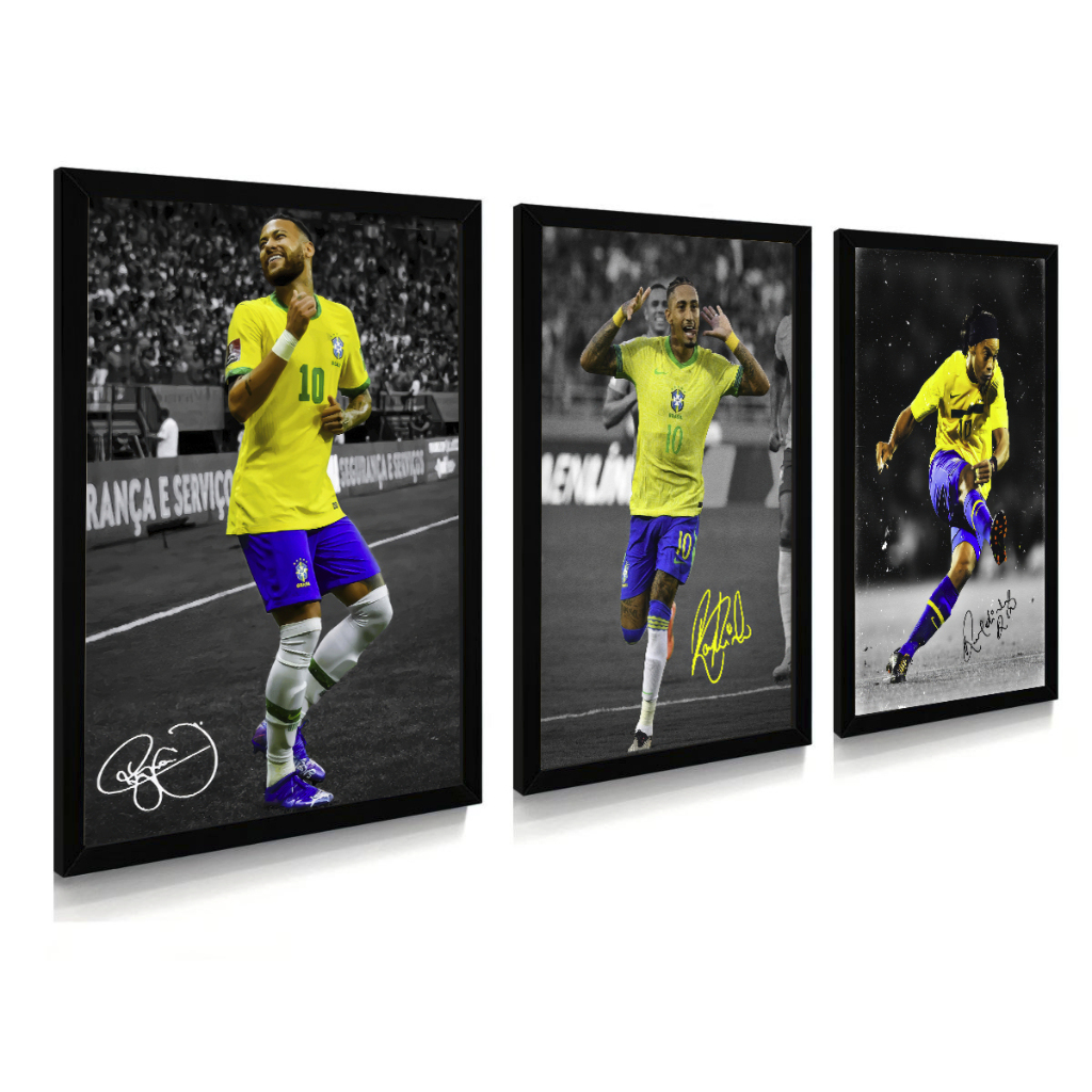Kit 3 Quadros Decorativos Neymar, Ronaldinho, Raphinha Seleção Brasileira Brasil