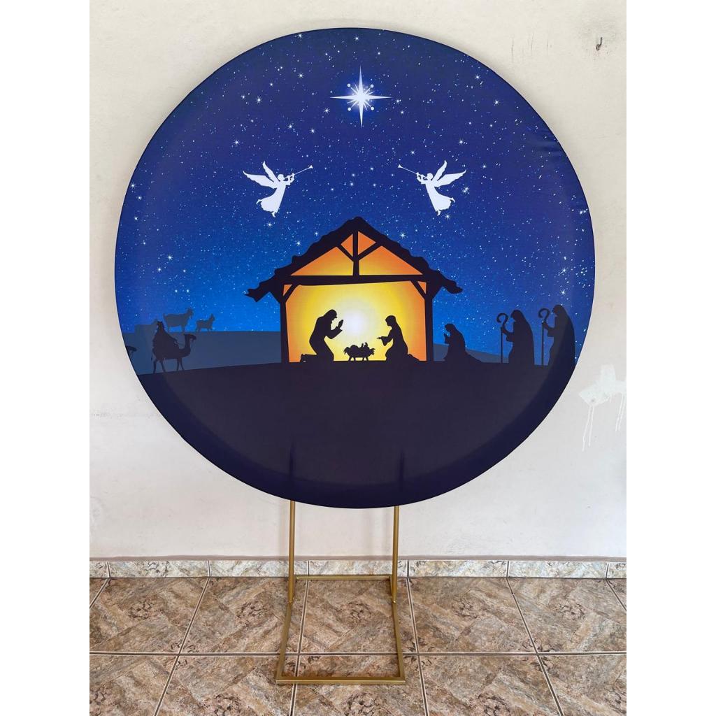 Capa para painel de Festa Redondo 1,50 mts Malha Sublimado Natal Presépio anjos estrela