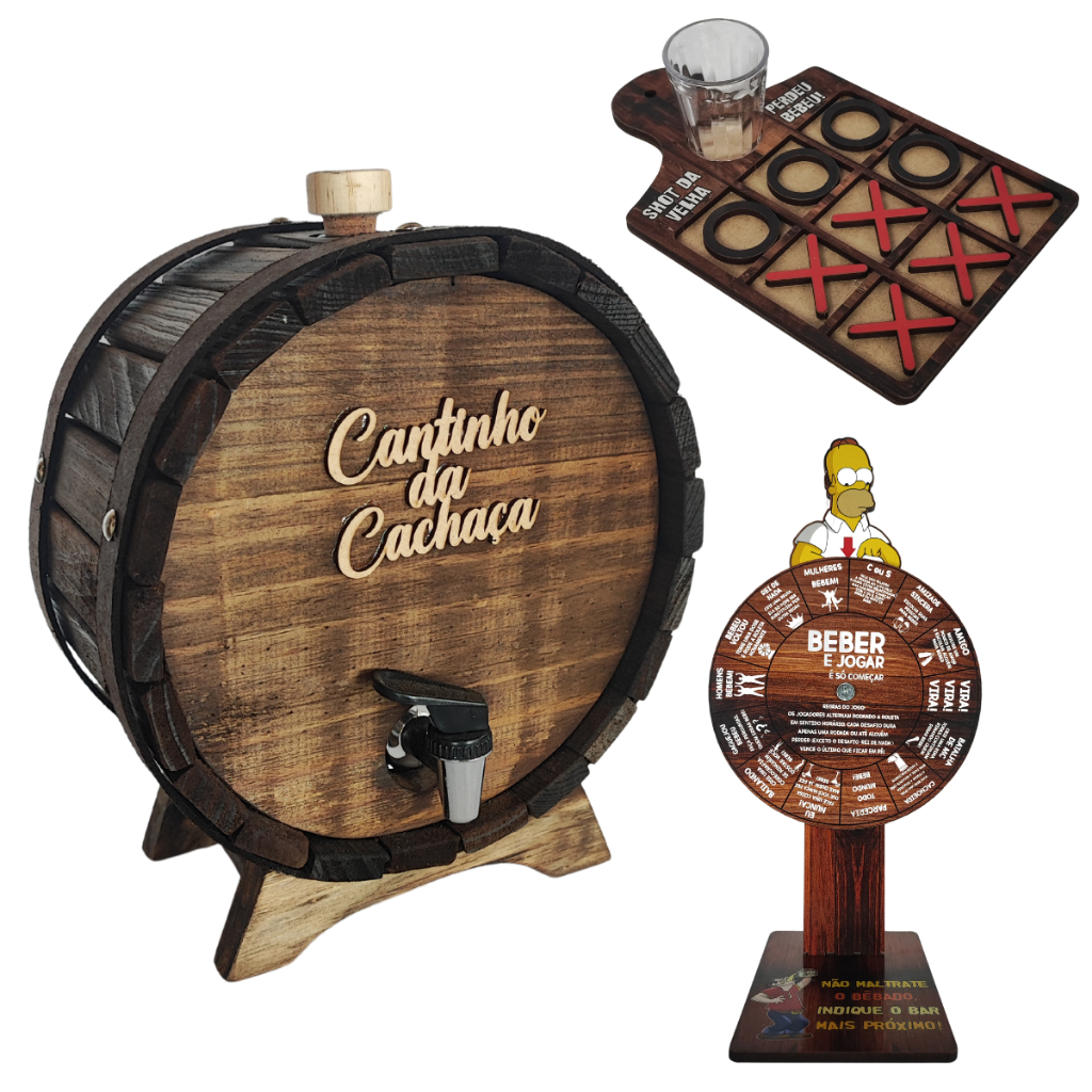 Kit Pingometro Roleta Jogo da Velha Shot Drink Castigos Barril Tonel de Pinga Barrica Cachaça