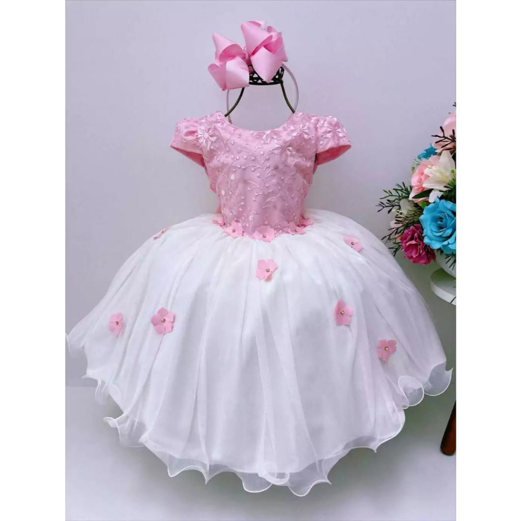 Vestido Renda Rosa Vestido Borboletas com Apliques Vestido Infantil Menina