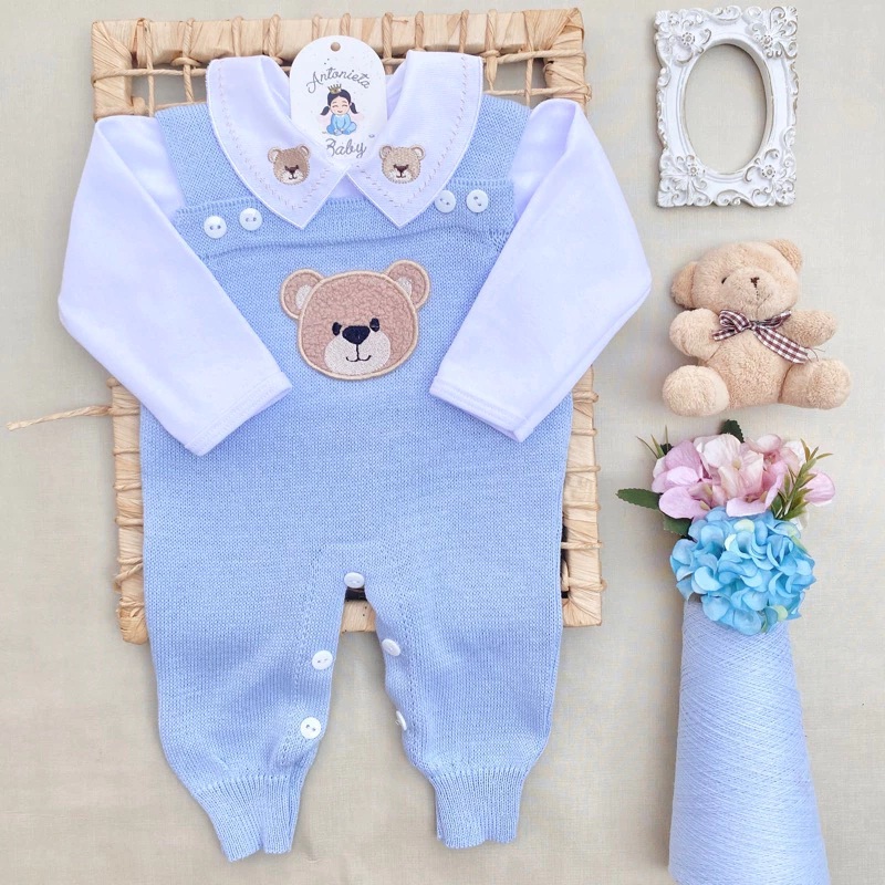 Saida de Maternidade Tricot Ursinho Azul Claro