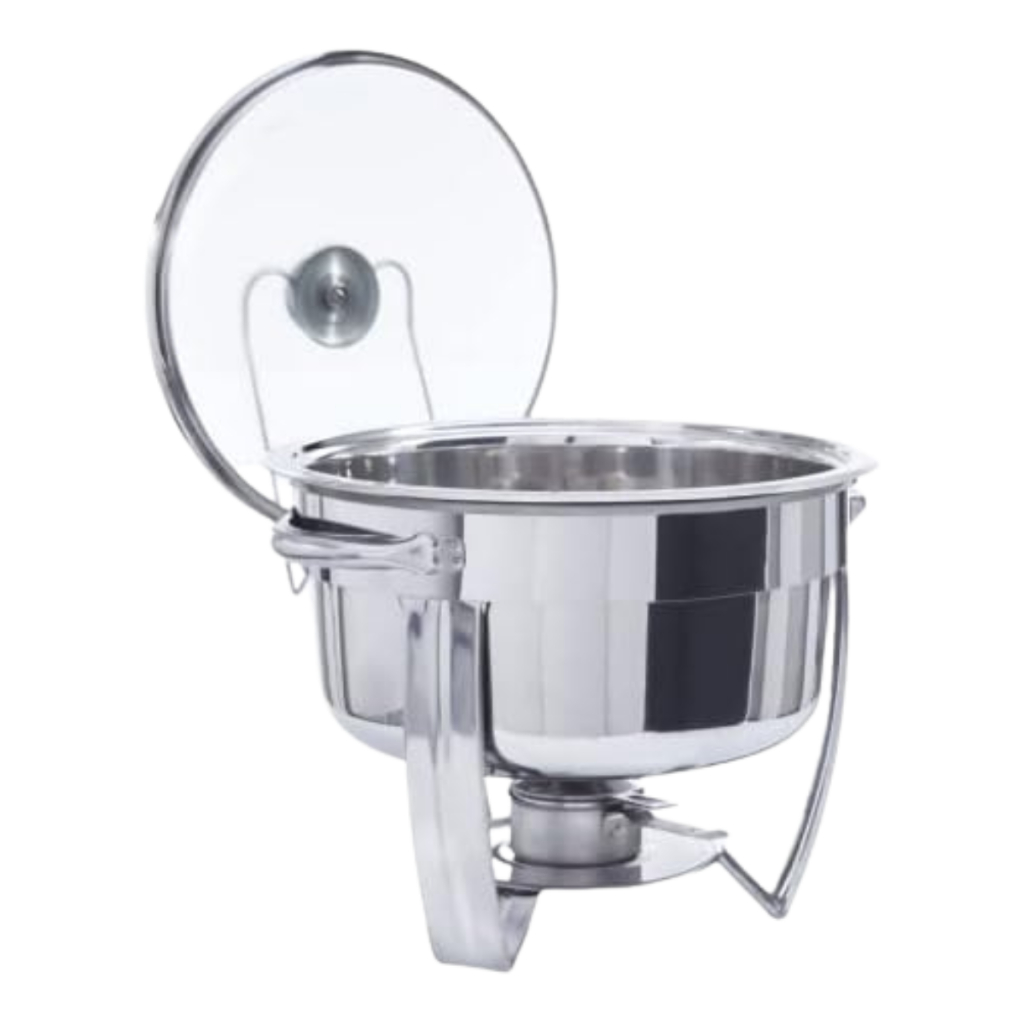 Rechaud Redondo Inox 6L com Tampa de Vidro Temperado Banho Maria e Queimador Álcool Gel Tecnocuba