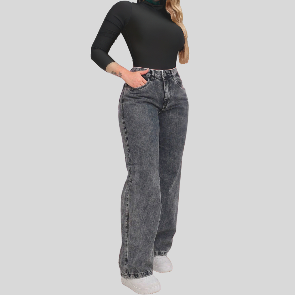 Calça Jeans Feminina Wide Leg Pantalona Cinza Grafite 100% Jeans Não Estica do 34 ao 44