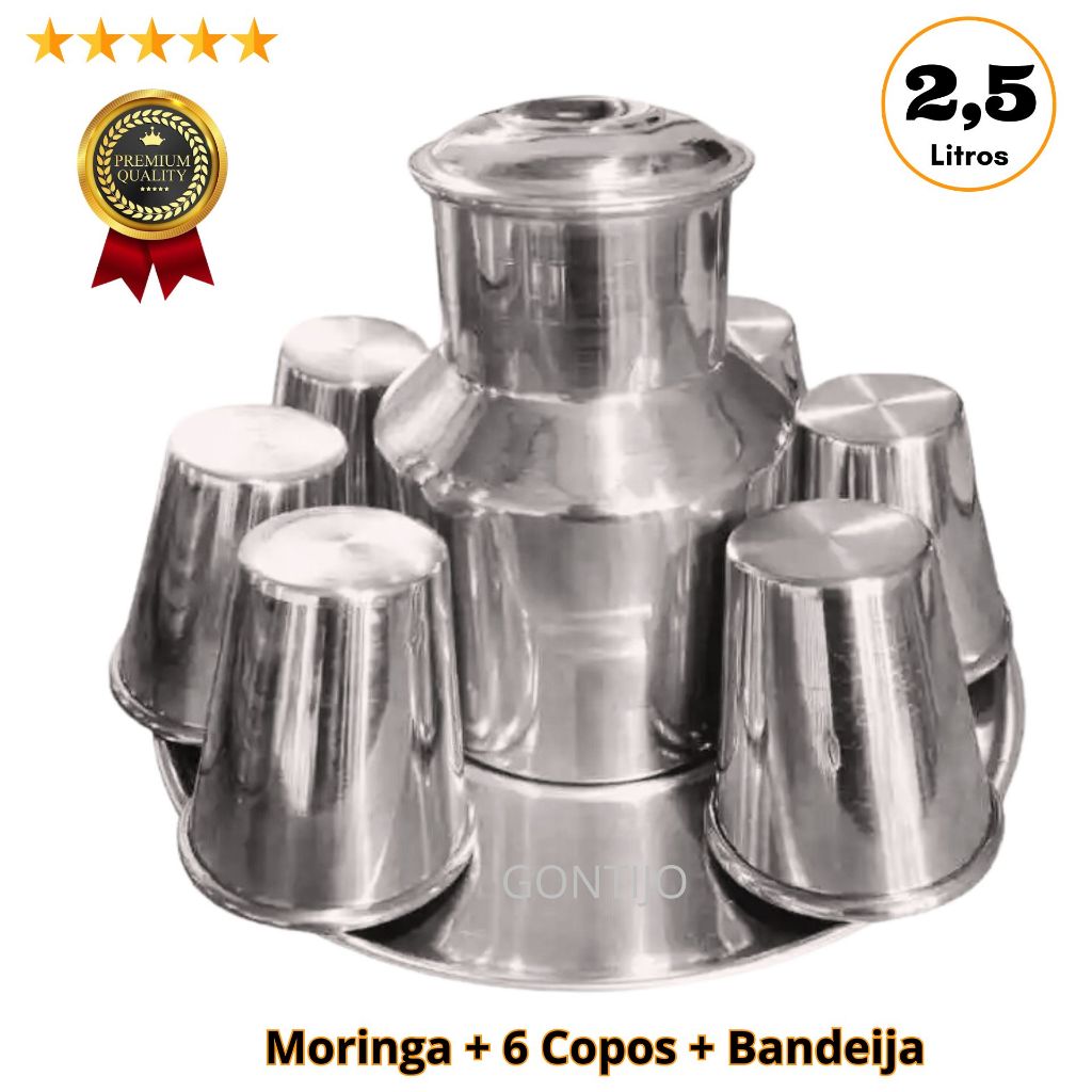 Kit Moringa Jarra Água Alumínio 2,5 Litros COM TAMPA Jogo 6 Copos 400ML Alumínio + Bandeja Redonda Grande Polida - RETRÔ