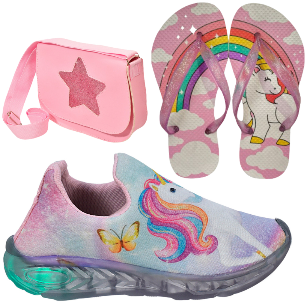 Tênis Infantil Led Feminino Unicórnio Calce Fácil Acessórios + Bolsa Estrela Chinelo