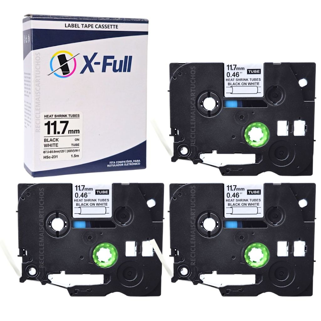 3 Fita Hsc 231 Hsc-231 Tubo Termo Retrátil Compatível Preto/Branco 11.7mm 1.5m