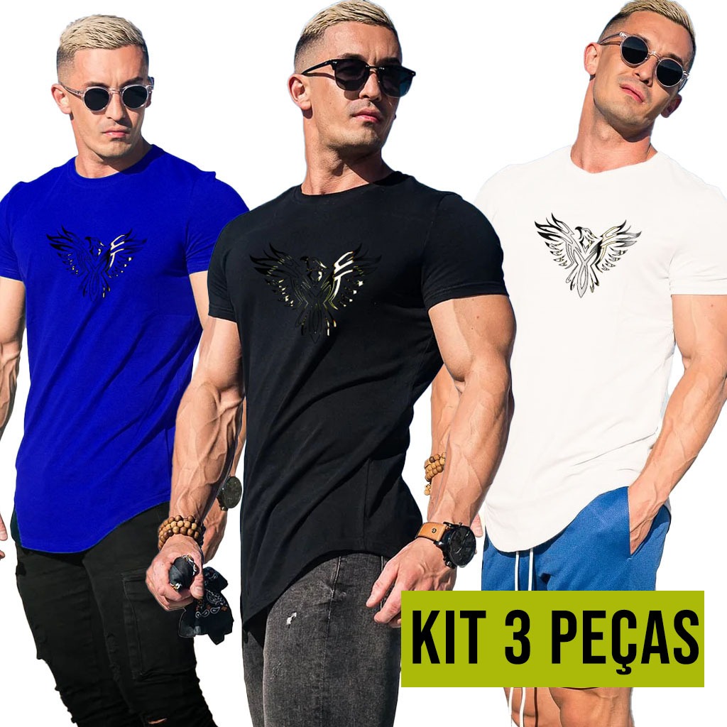 Kit 3 Camisa Camiseta Masculina Longline Aguia Prata Bone Fitao StreetWear USA