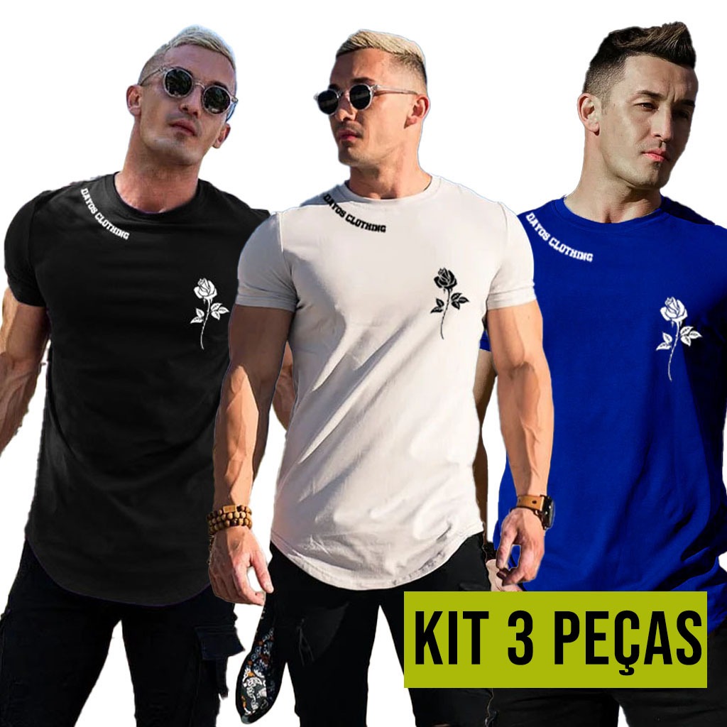Kit 3 Camisa Camiseta Masculina Longline Rosa Floral Bone Fitao Algodão StreetWear USA